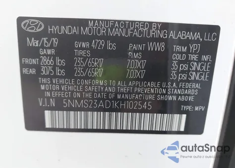 2019 Hyundai Santa Fe Se из США, поврежденный, VIN 5NMS23AD1KH102545